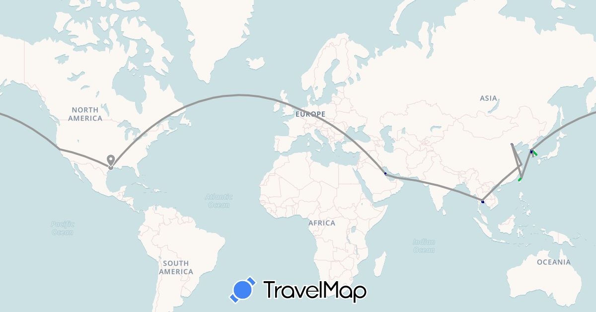 TravelMap itinerary: driving, bus, plane in United Arab Emirates, China, South Korea, Netherlands, Saudi Arabia, Thailand, Taiwan, United States (Asia, Europe, North America)